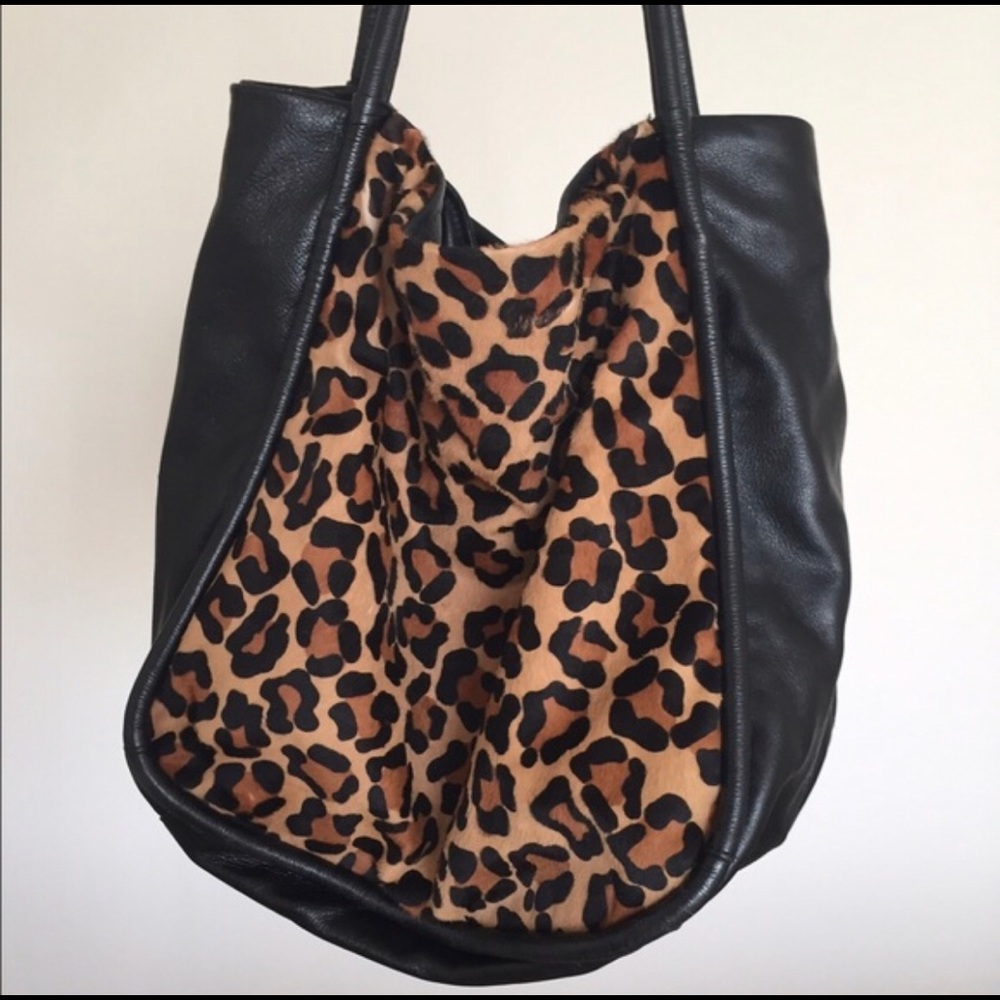 Leopard Print and Black Leather Tote Bag